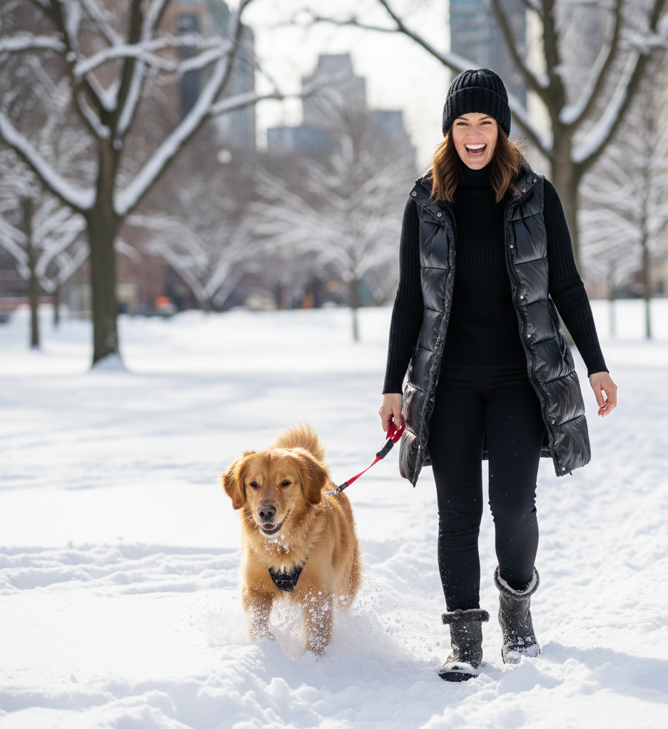 Turtleneck + Puffer Vest + Leggings + Snow Boots