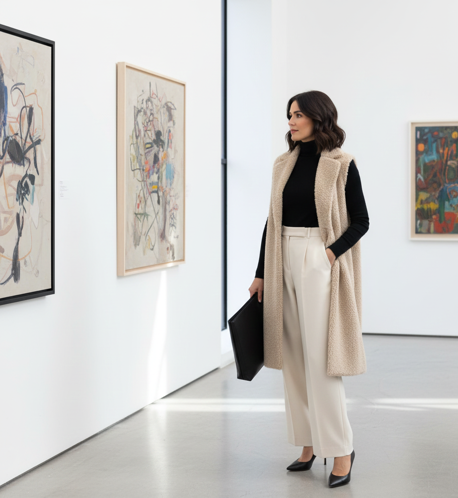 Turtleneck + Wide-Leg Pants + Long Vest + Pumps