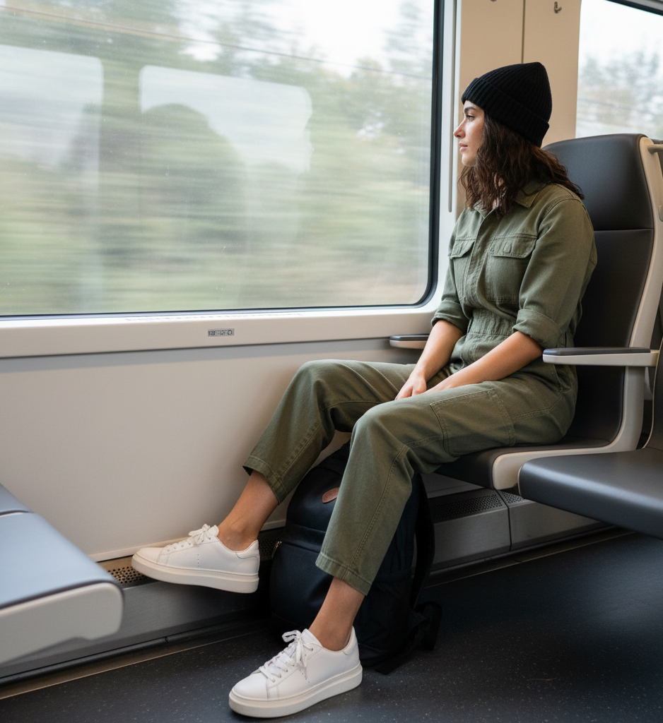 Utility Jumpsuit + Sneakers + Beanie