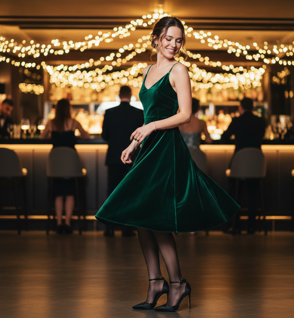 Velvet Dress + Tights + Ankle-Strap Heels