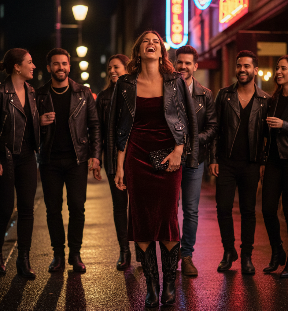 Velvet Midi Dress + Leather Jacket + Statement Boots