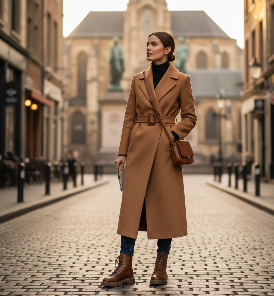 Wrap Coat + Slim Jeans + Turtleneck + Lug-Sole Boots