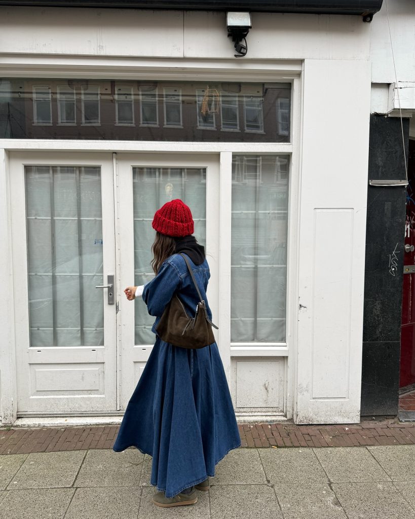Denim Jacket + Denim Maxi Skirt + Red Knit Beanie