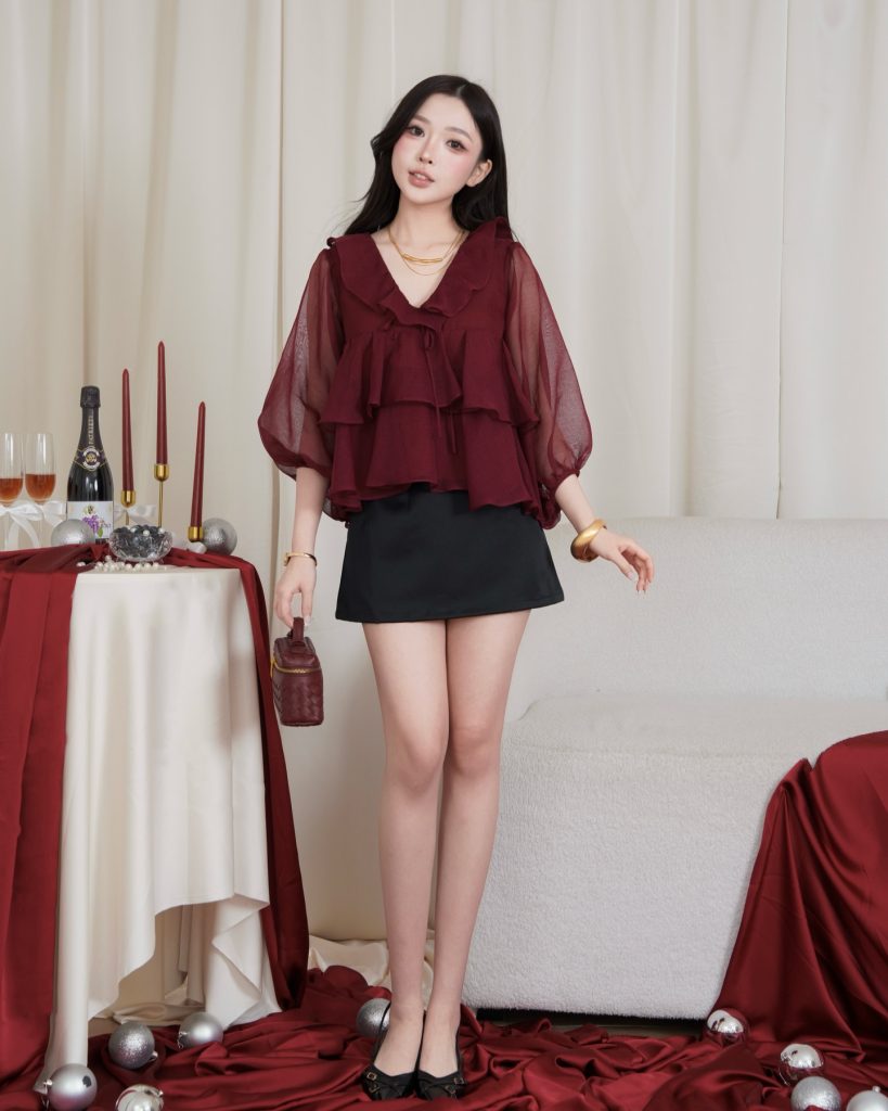 Burgundy Ruffled Blouse + Black Mini Skirt + Gold Accessories