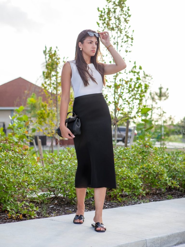 White Sleeveless Top + Black Column Midi Skirt + Black Slides