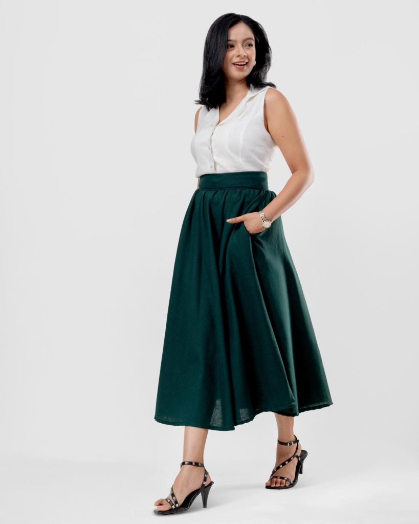White Button-Up Vest + Dark Green A-Line Skirt + Black Strappy Heels