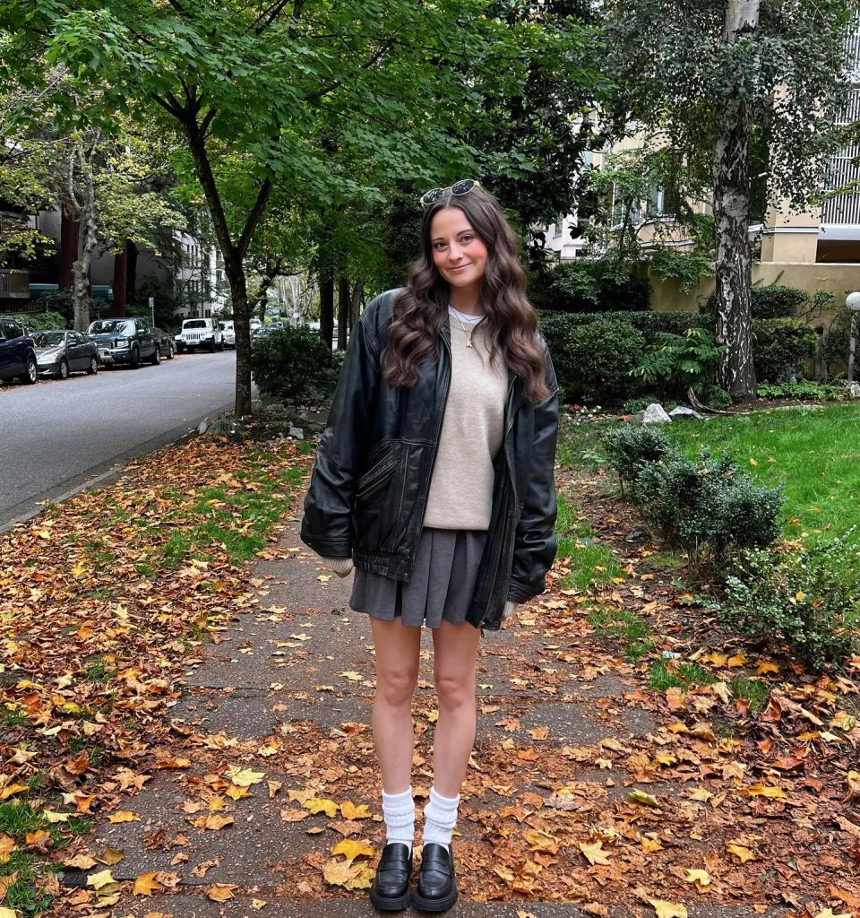  Black Leather Jacket + Beige Sweater + Grey Pleated Mini Skirt