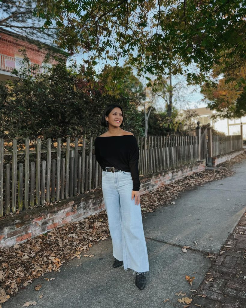 Off-The-Shoulder Top + High-Waisted Wide-Leg Jeans + Western Boots