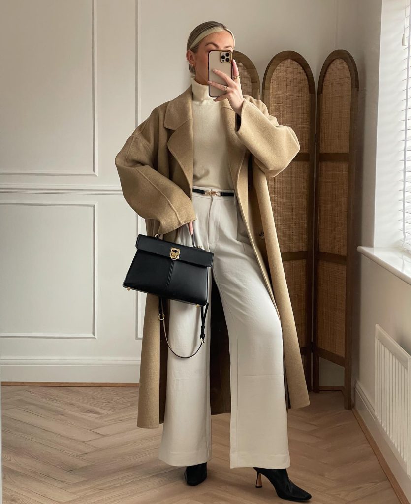 Tan Overcoat + Cream Turtleneck + White Wide-leg Pants