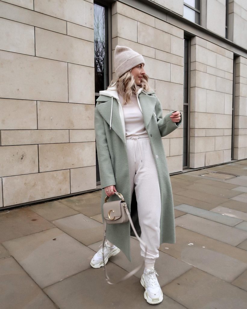Sage Green Long Coat + White Sweatsuit + Beige Beanie