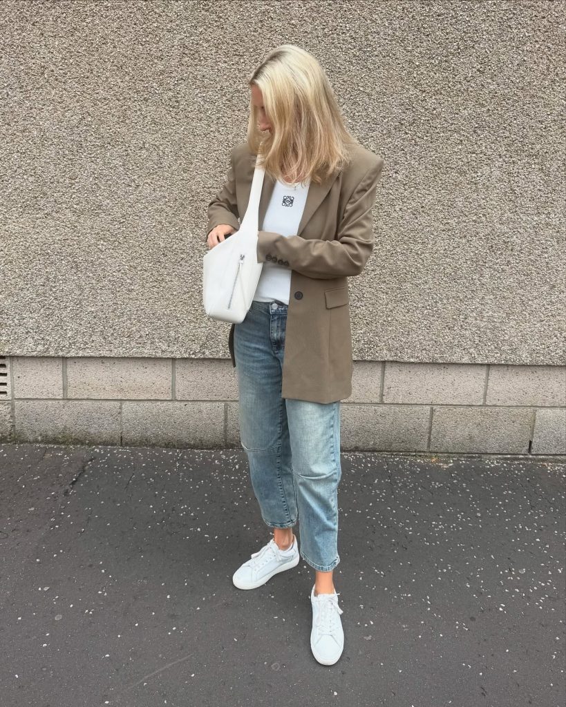 Brown Blazer + Graphic Tee + Straight Jeans