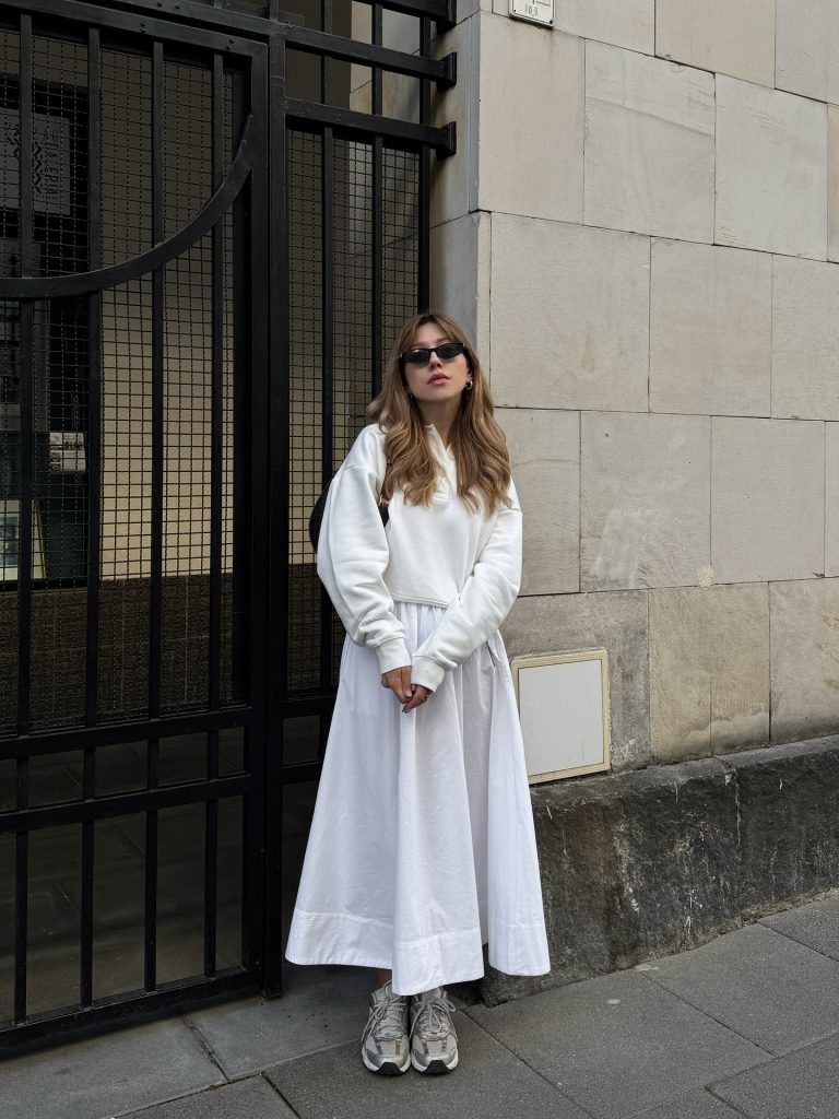White Quarter-zip Pullover + White Maxi Skirt + Silver Sneakers