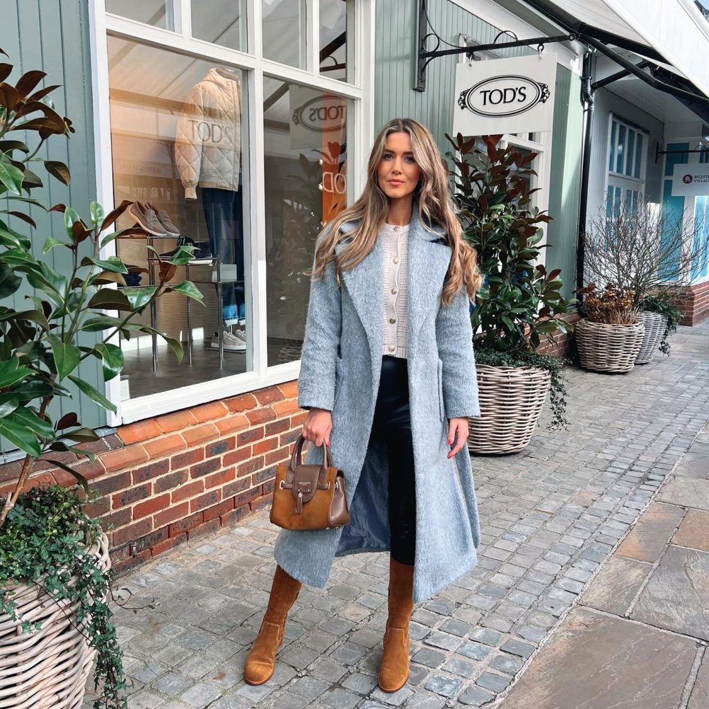  Blue Long Coat + Knit Cardigan + Leather Pants