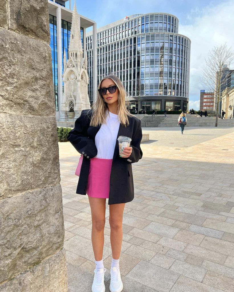 Black Blazer + Pink Mini Skirt + White Sneakers
