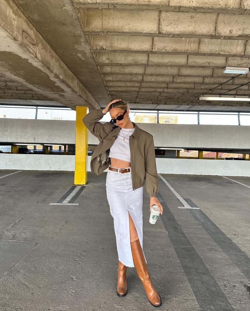 Olive Bomber + White Maxi Skirt + Tan Boots