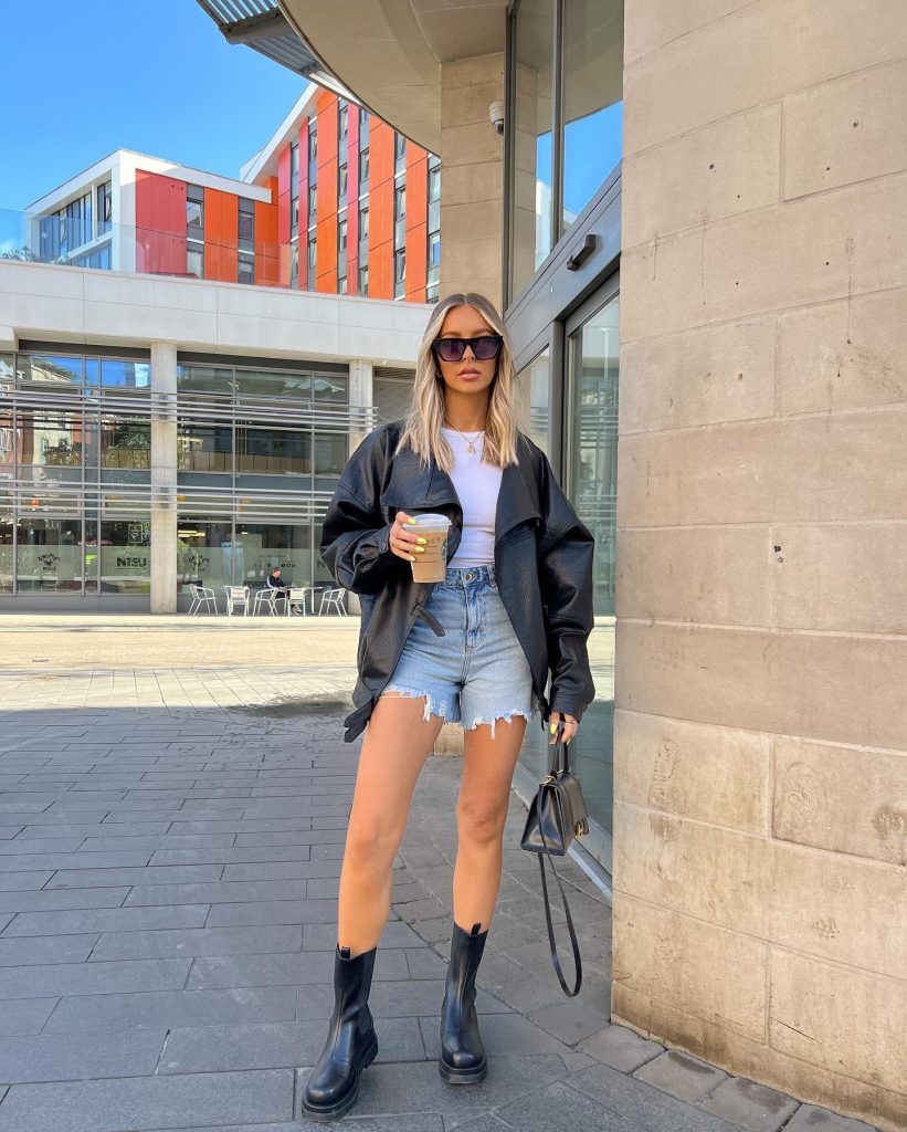 Black Leather Jacket + Denim Shorts
