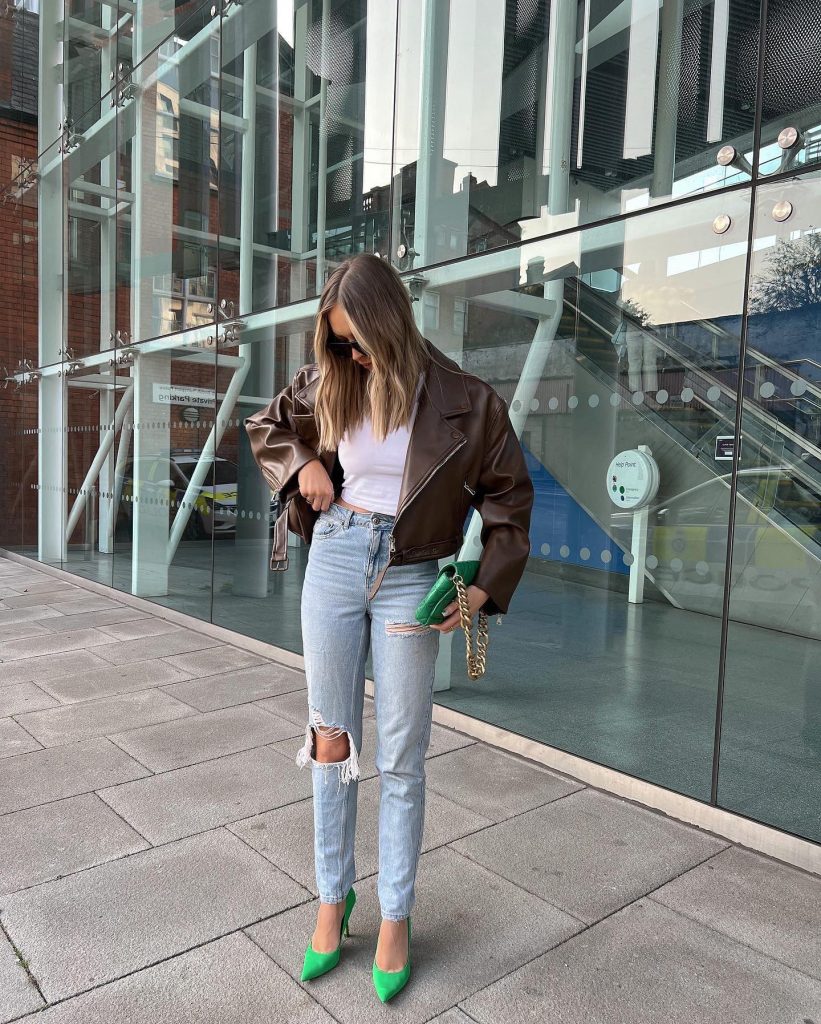 Brown Leather Biker Jacket + Distressed Jeans