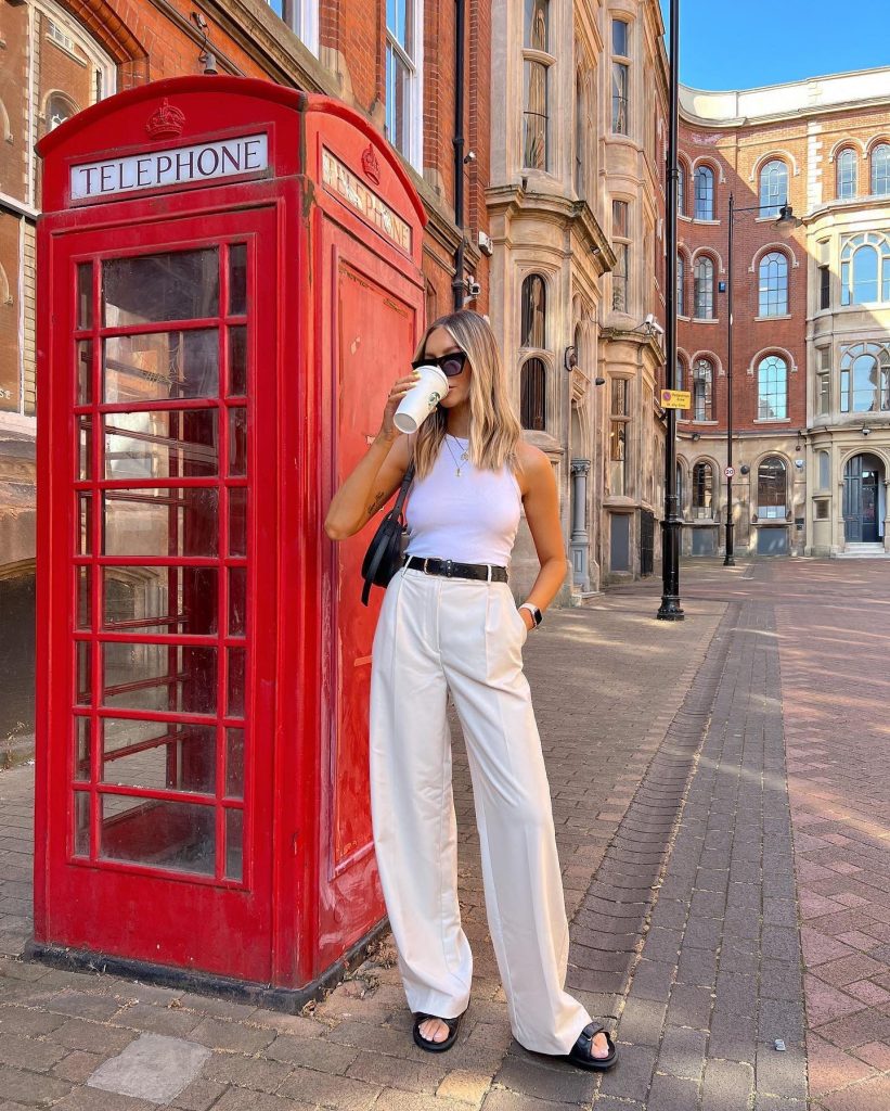 White Tank + Tailored Trousers + Black Sandals