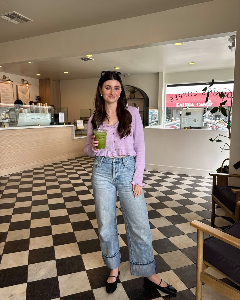  Lavender Ruffle Cardigan + Wide-Leg Jeans