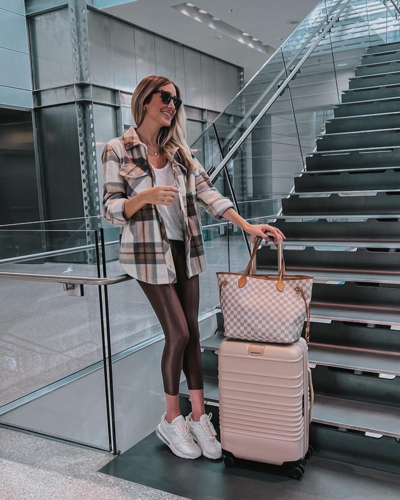 Plaid Shacket + White Tank + Bronze Shimmer Leggings