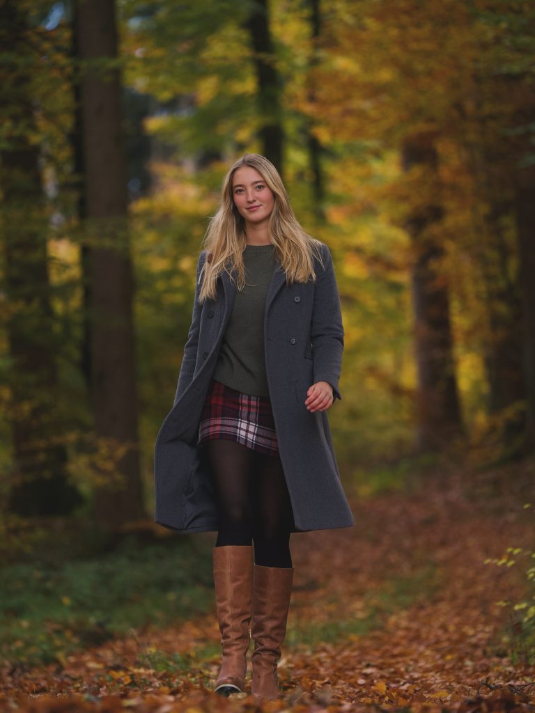 Grey Overcoat + Olive Sweater + Plaid Mini Skirt