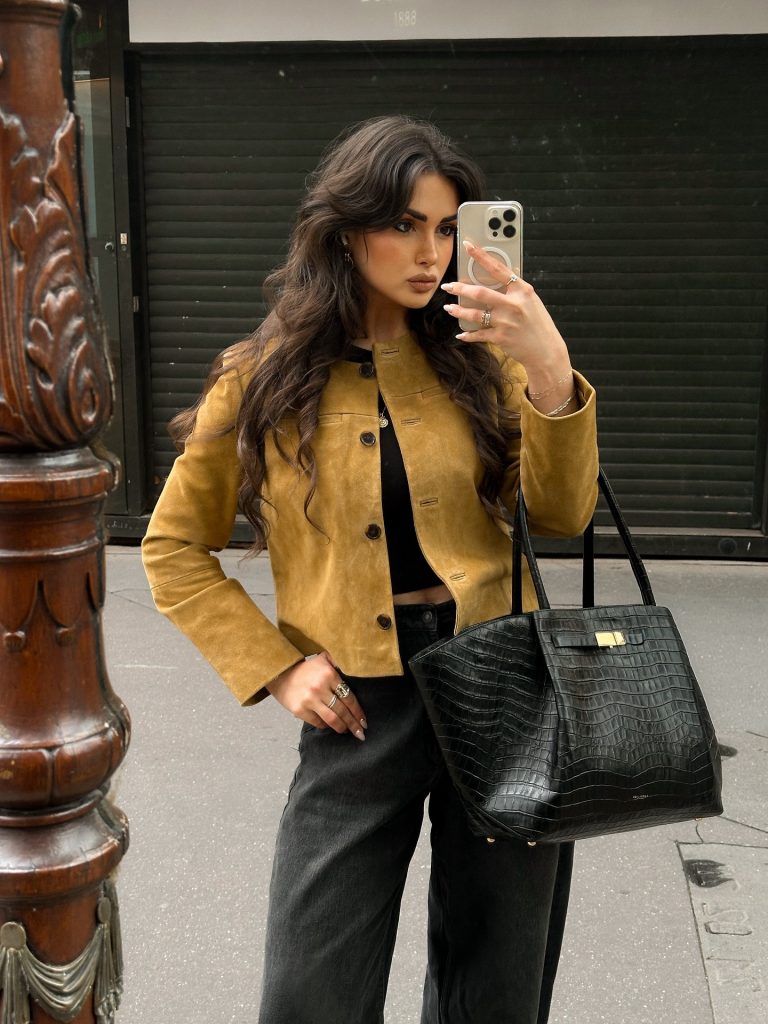 Mustard Suede Jacket + Black Crop Top + Wide-Leg Jeans