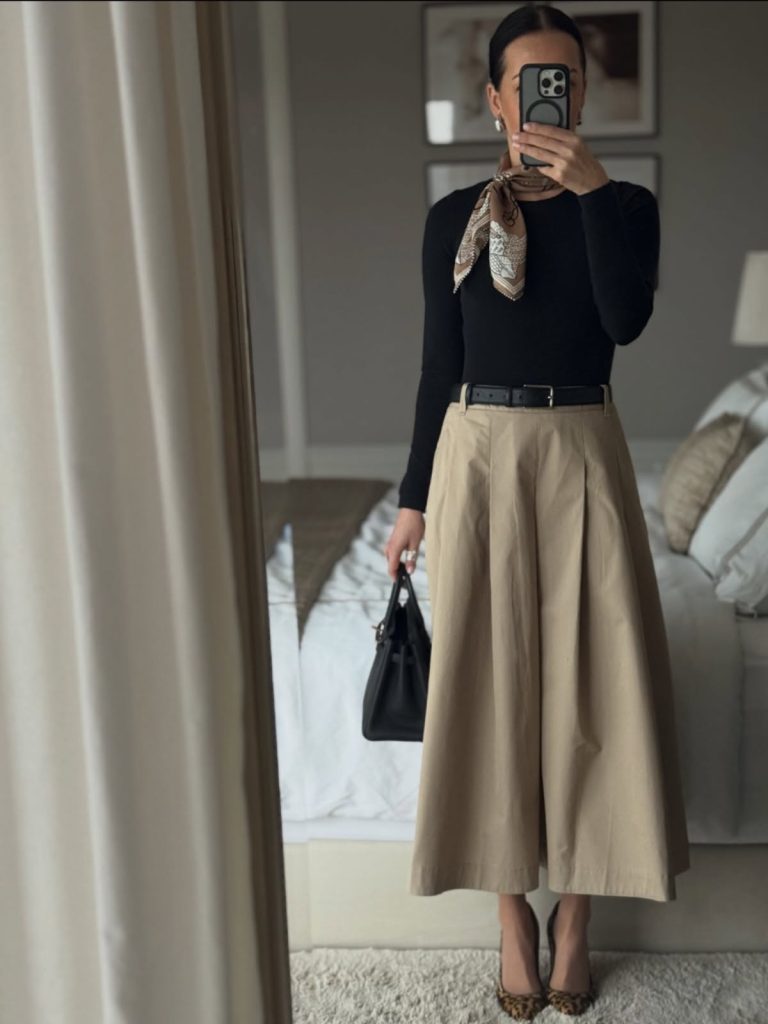 Khaki Maxi Skirt + Black Bodysuit + Patterned Neck Scarf