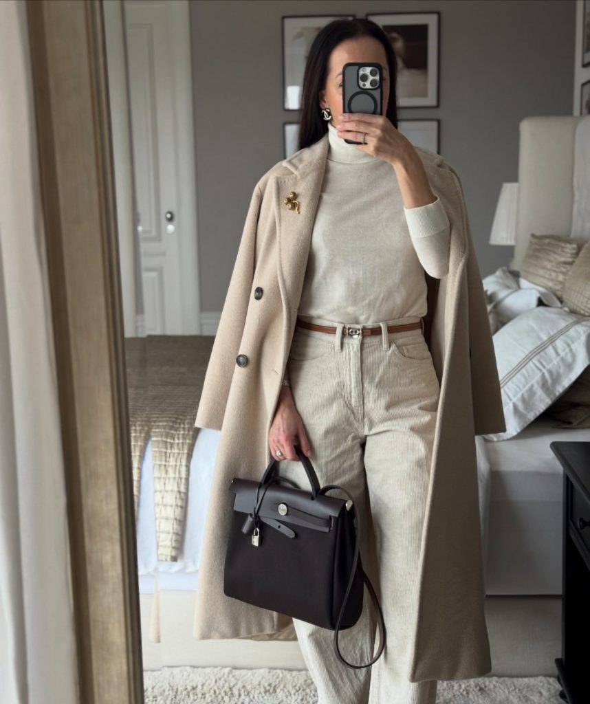 Beige Overcoat + Turtleneck Knit + Corduroy Trousers