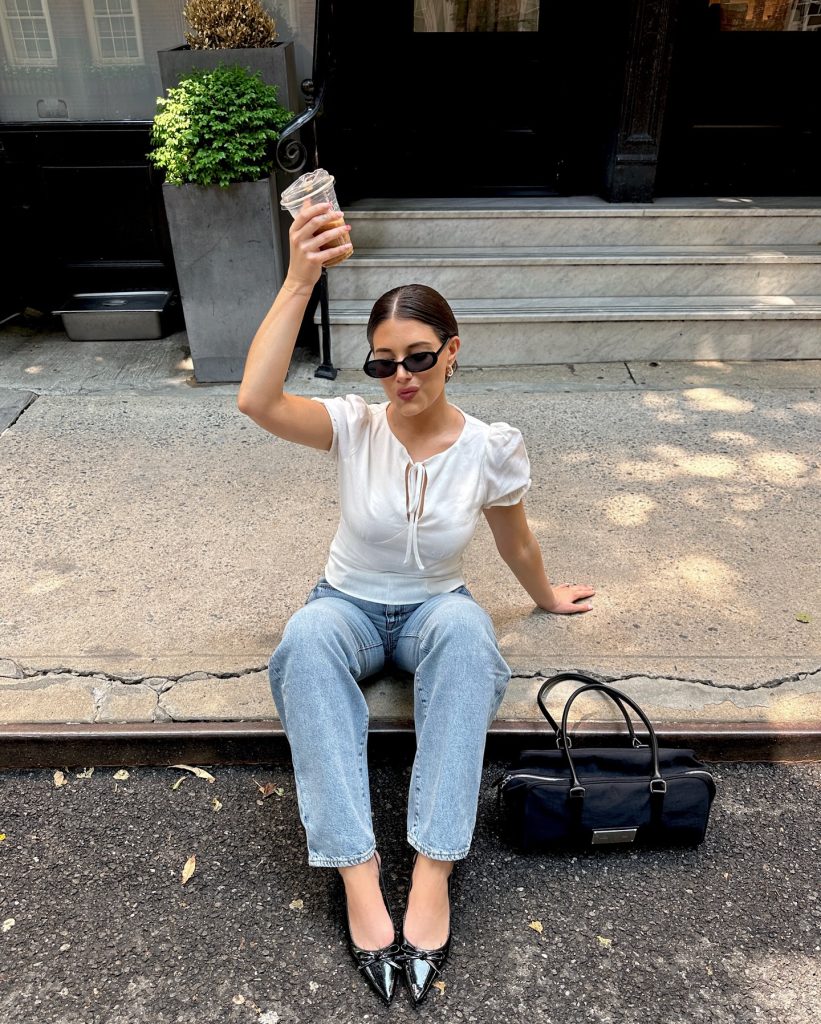 White Puff-Sleeve Top + Straight-Leg Jeans + Pointed-Toe Flats