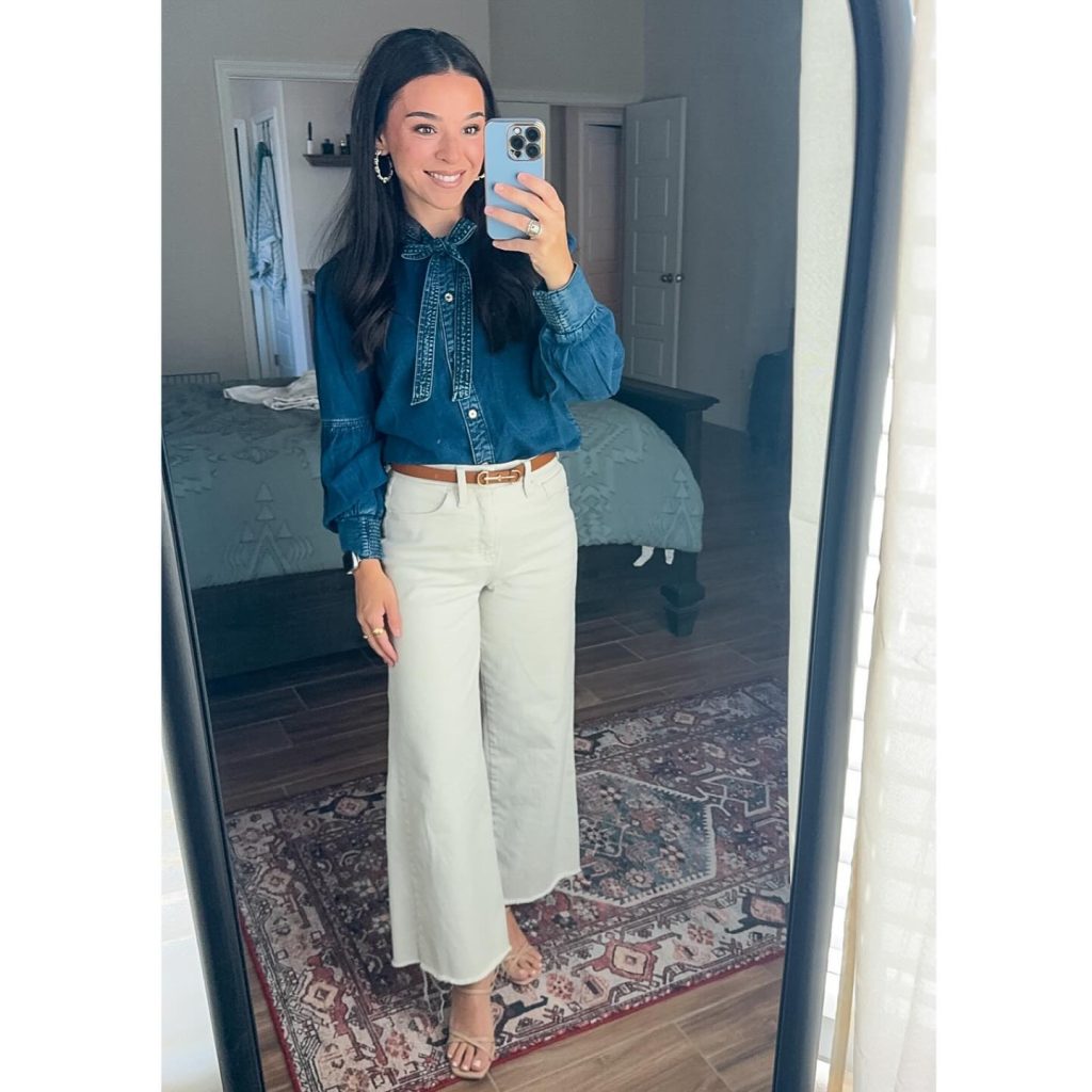 Denim Bow Blouse + White Wide-Leg Jeans