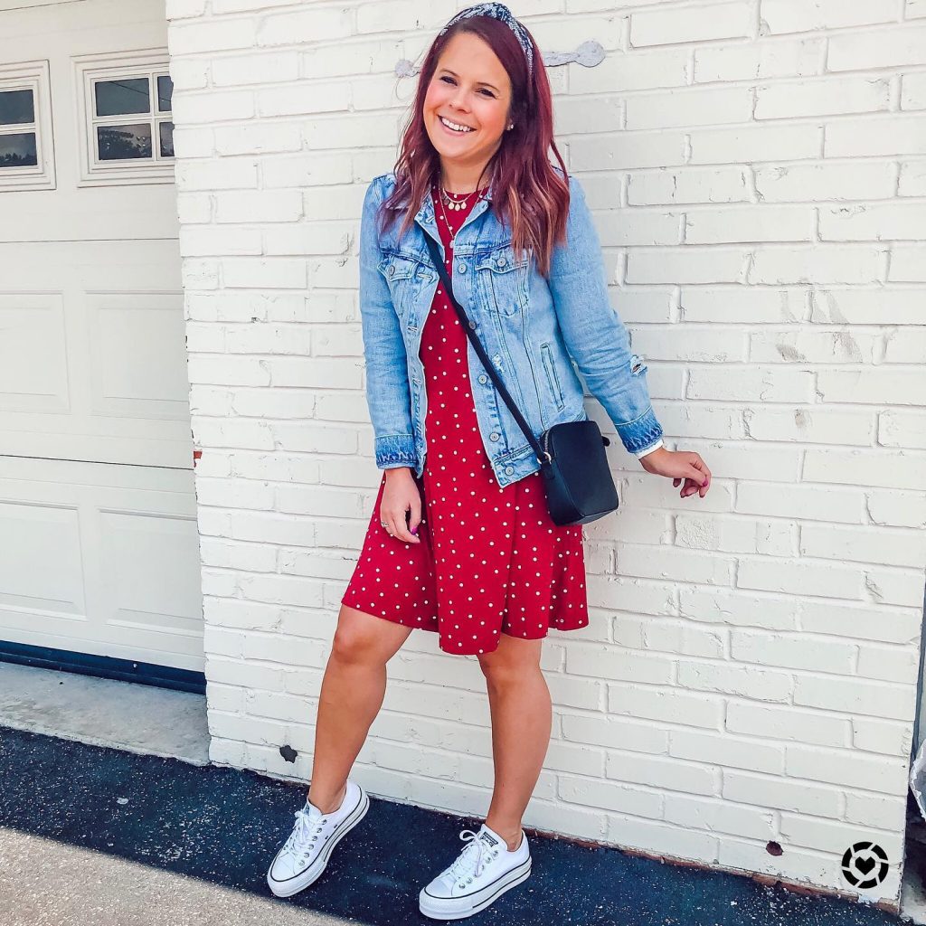  Light Wash Denim Jacket + Red Polka Dot Dress + White Platform Sneakers