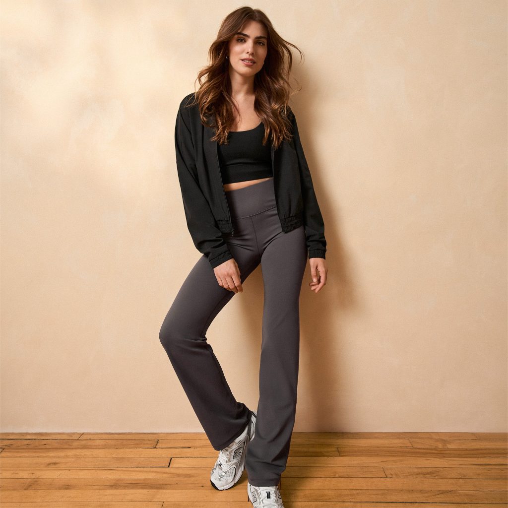  Black Bomber Jacket + Crop Top + Charcoal Flare Pants