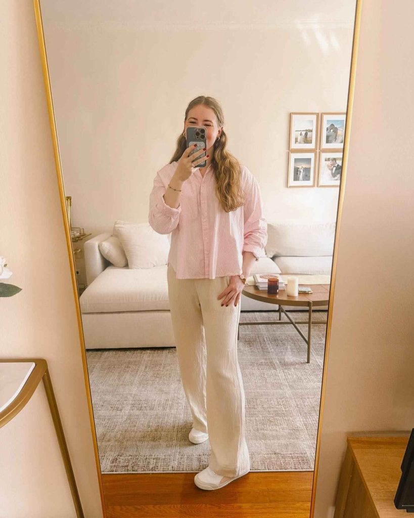  The Pinstripe Button-Down + Wide Leg Linens + White Trainers