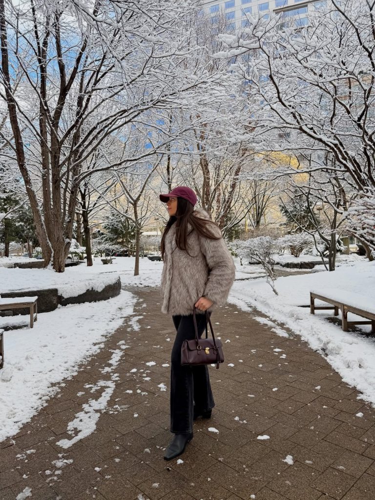 Grey Faux Fur Jacket + Black Flare Jeans + Burgundy Baseball Cap