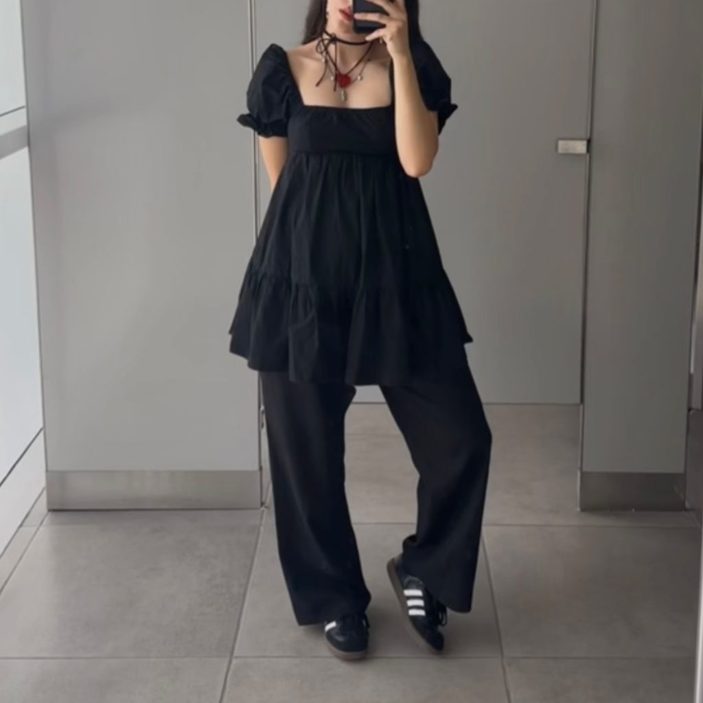 Black Puff-Sleeve Baby-Doll Top + Wide-Leg Trousers