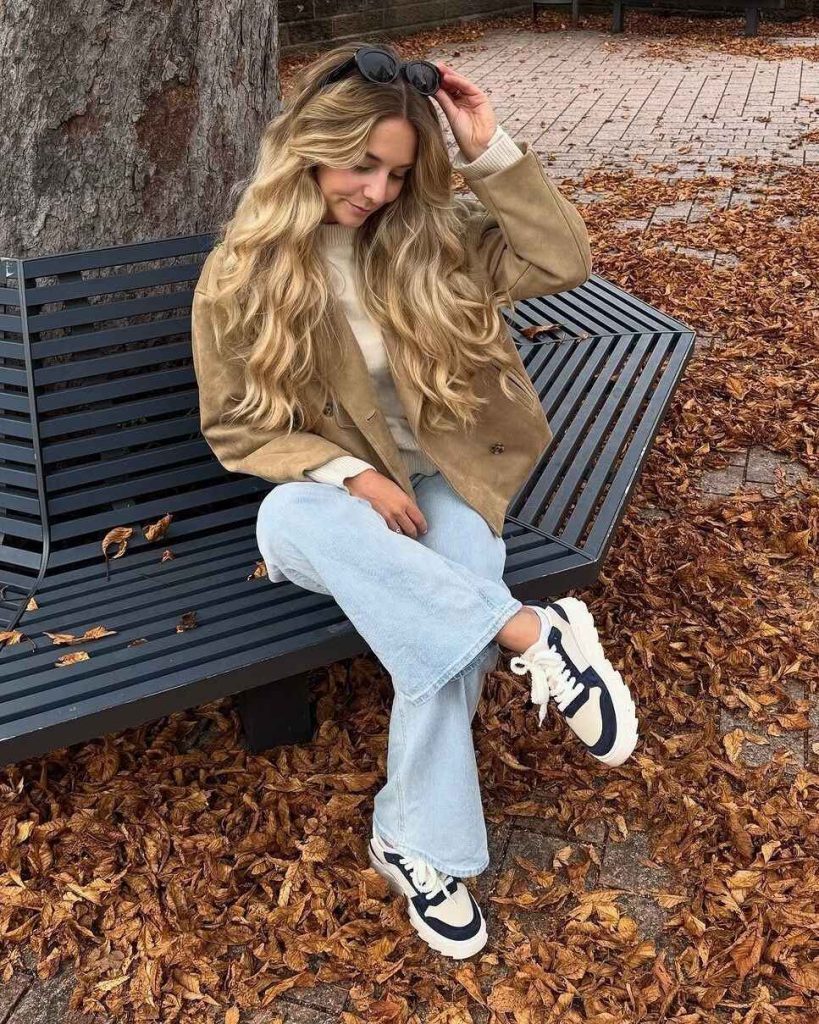 The Camel Pea Coat + Wide-Leg Denim + Chunky Trainers