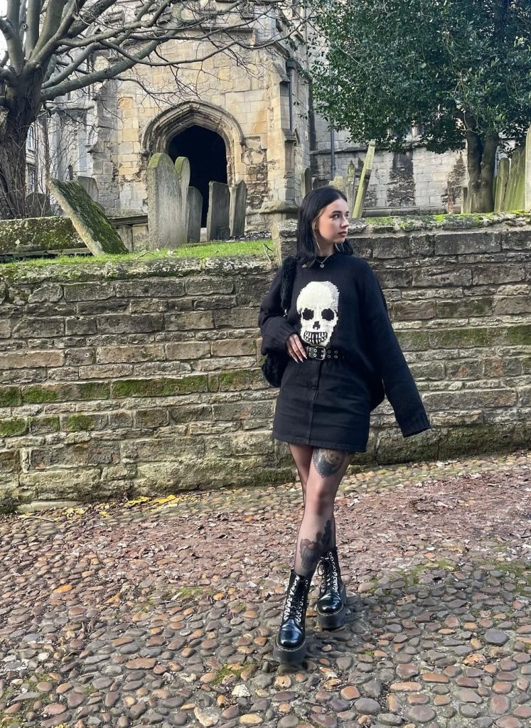 Black Skull Sweater + Denim Mini Skirt + Sheer Tights
