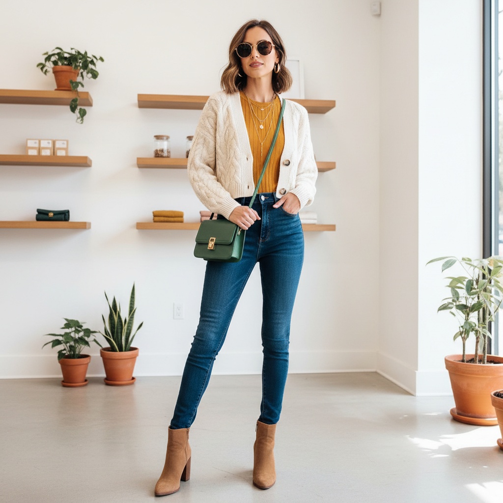Cable Knit Cardigan + Mustard Ribbed Top + Skinny Jeans
