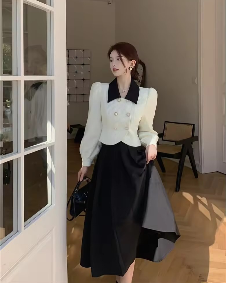 White Cropped Jacket + Black Contrast Collar + Black Maxi Skirt