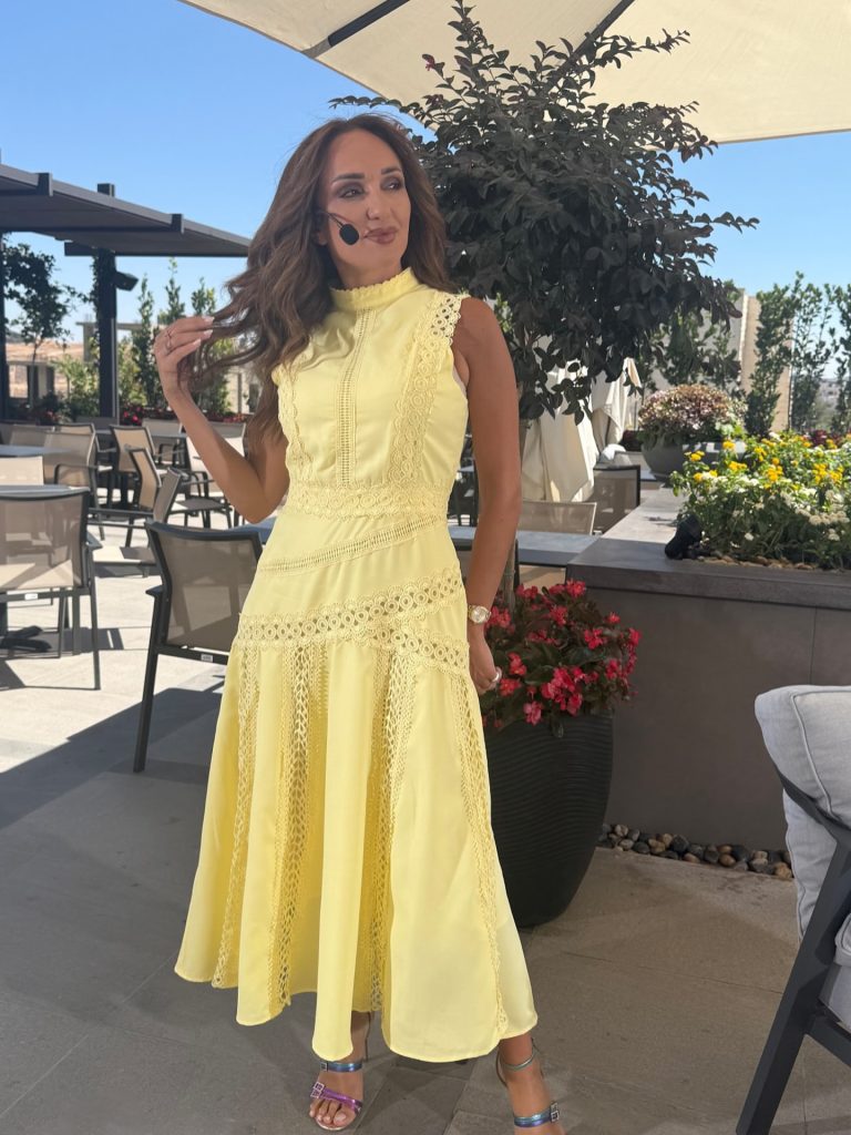 Yellow Eyelet Midi Dress + Metallic Strappy Heels