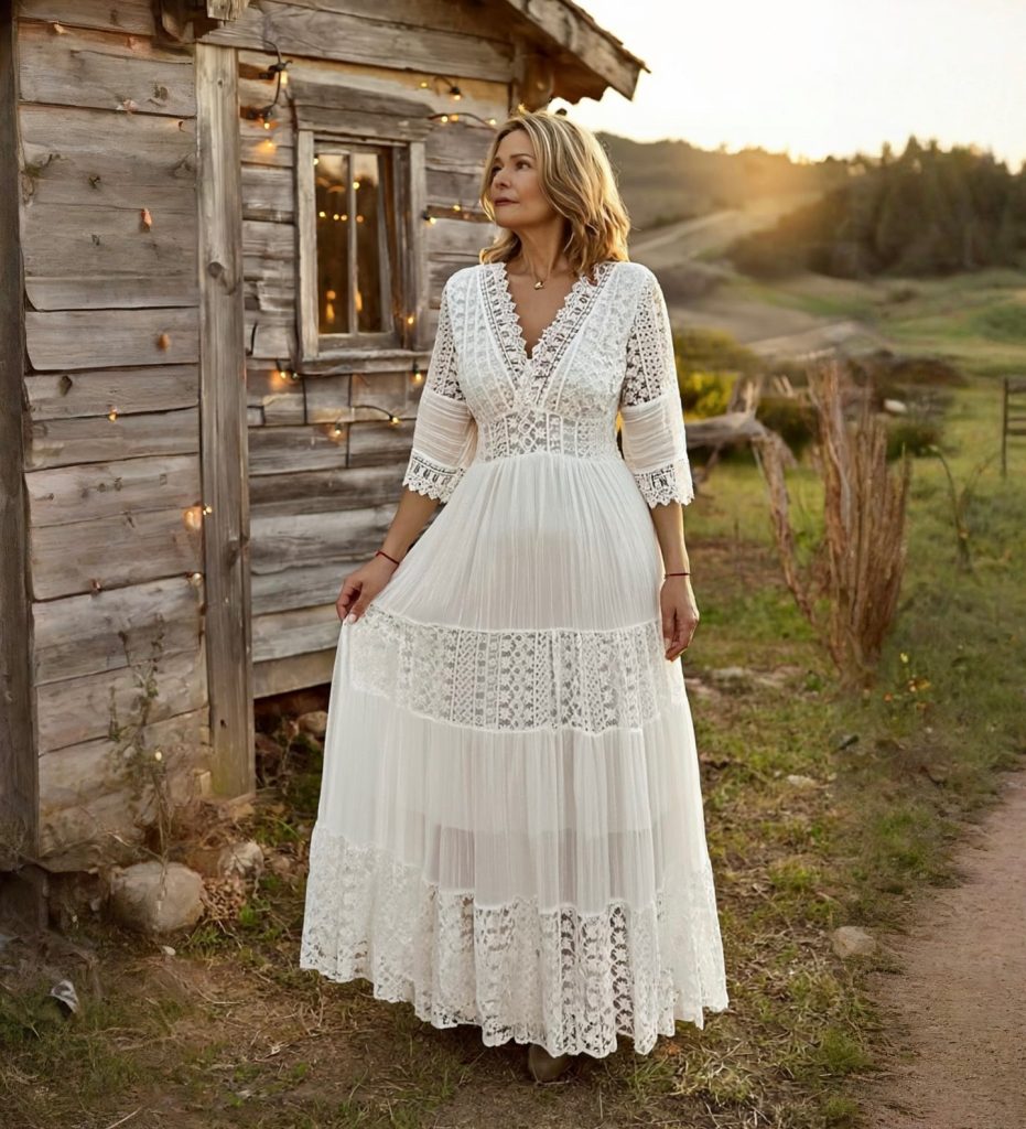  The Lace-Paneled Maxi Dress + V-Neck Crochet Bodice + Ethereal Glow