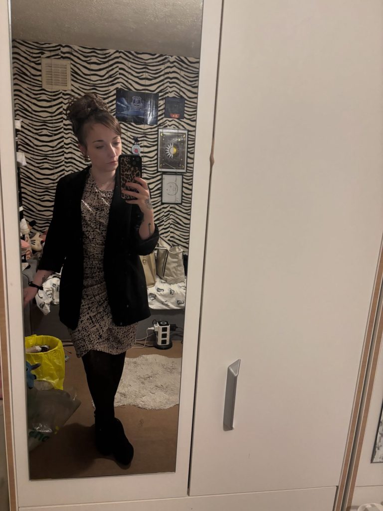 Black Blazer + Patterned Sheath Dress + Opaque Tights