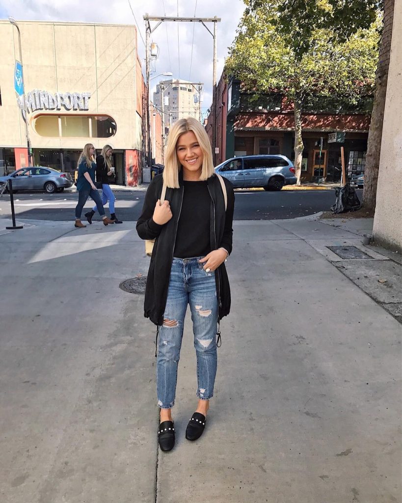  Black Longline Jacket + Basic Tee + Distressed Jeans