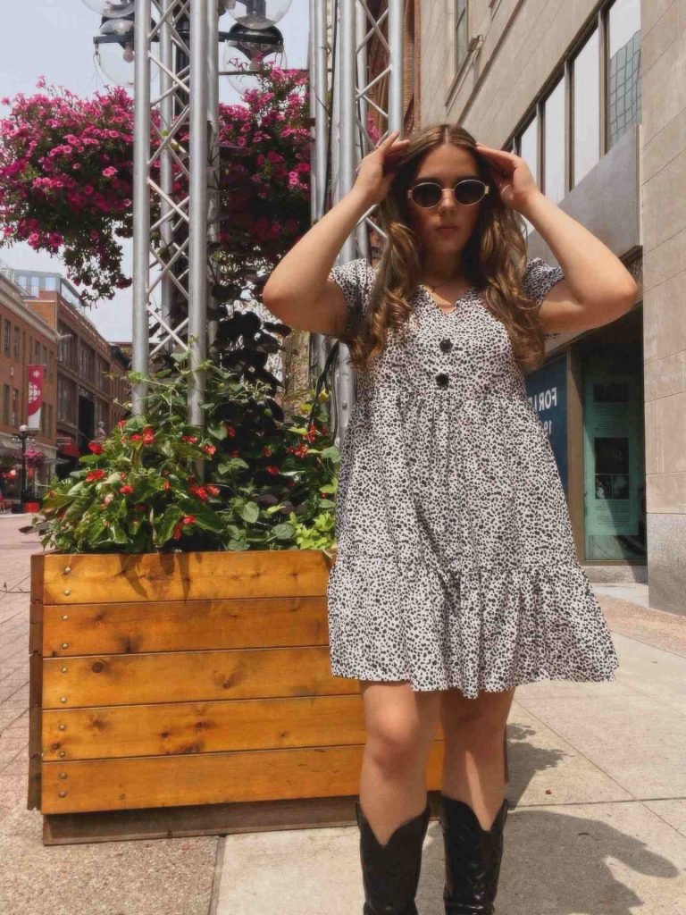 The Printed Babydoll Dress + Oval Sunglasses + Western Boots