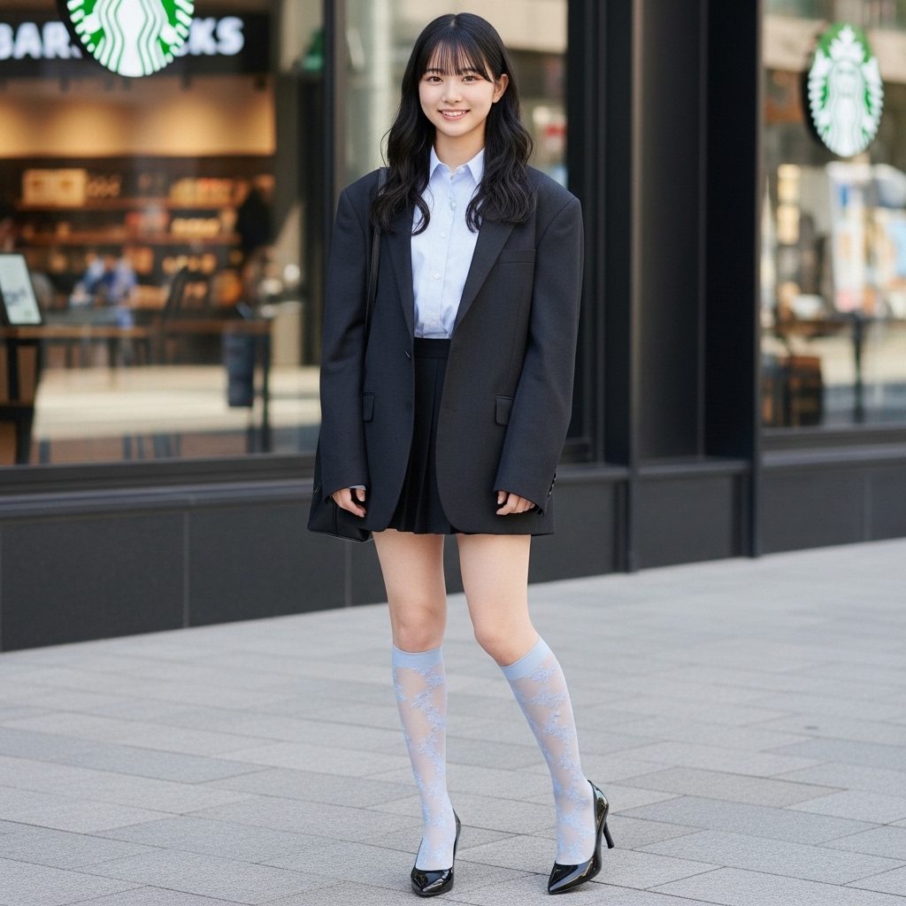 Black Oversized Blazer + Blue Button-Down + Lace Knee-High Socks
