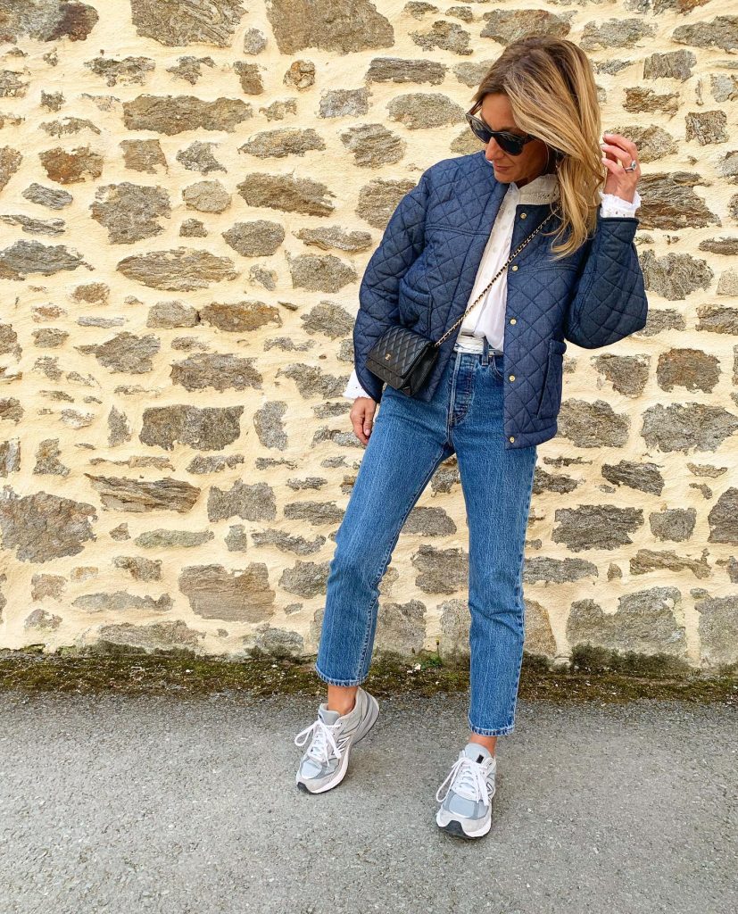 Quilted Denim Jacket + White Eyelet Blouse + Straight Jeans
