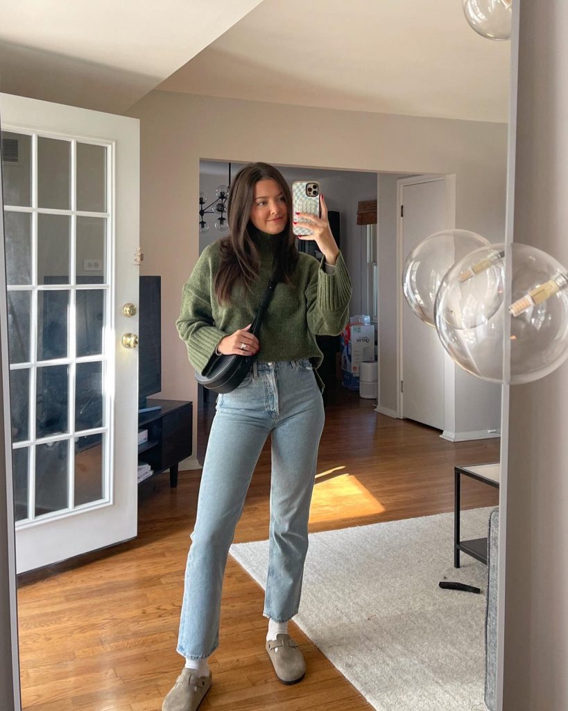 Olive Turtleneck + Light Wash Jeans + Taupe Clogs