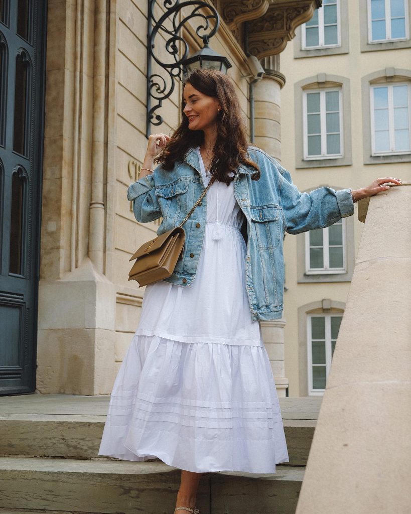 Blue Denim Jacket + Tiered Maxi Dress + Shoulder Bag