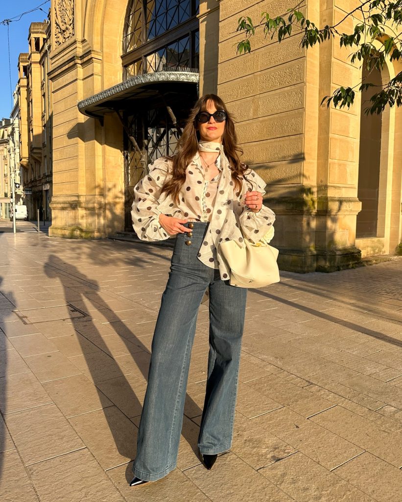 Polka Dot Blouse + High-Waisted Wide-Leg Jeans + Black Pointed Heels