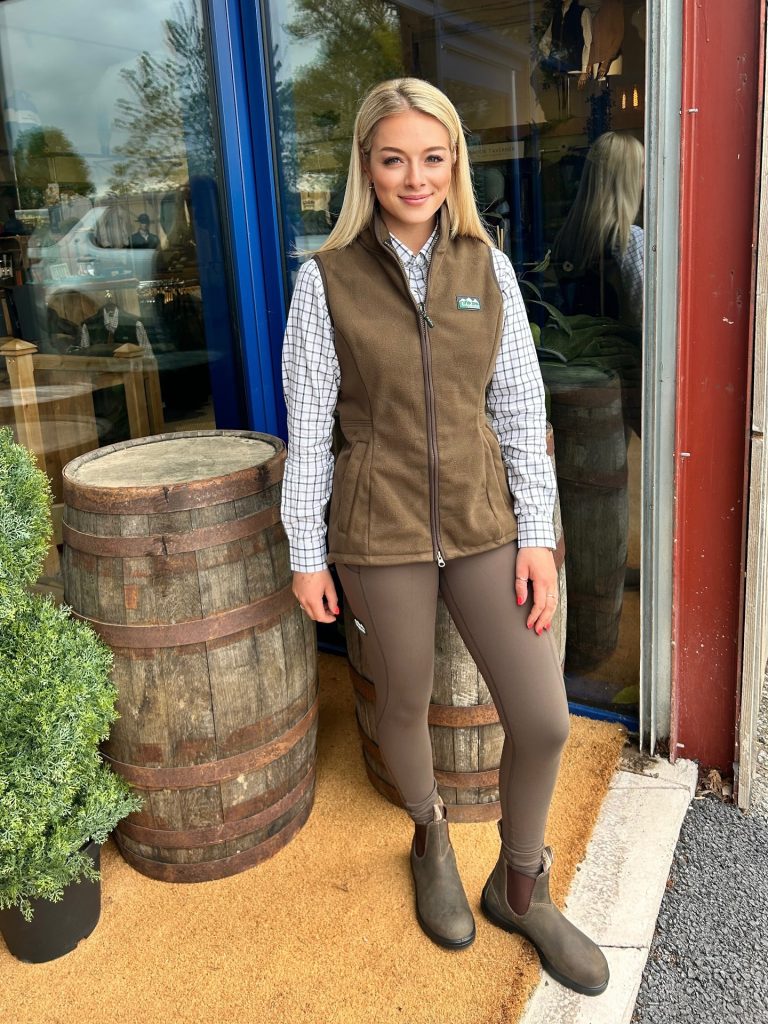 Brown Fleece Vest + Gingham Button-Down + Taupe Riding Leggings
